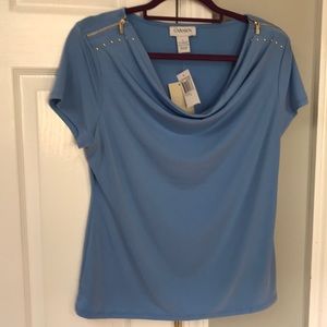 Blue blouse with gold accent on shoulders